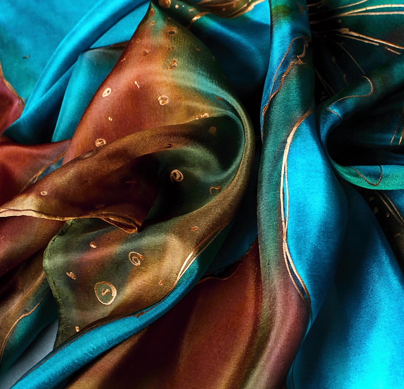 Hedvábný šátek - Tyrkysový květ v mědi