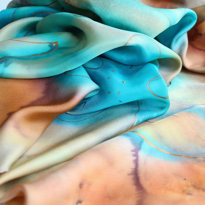 Hedvábný šátek - Béžovo tyrkysový twill