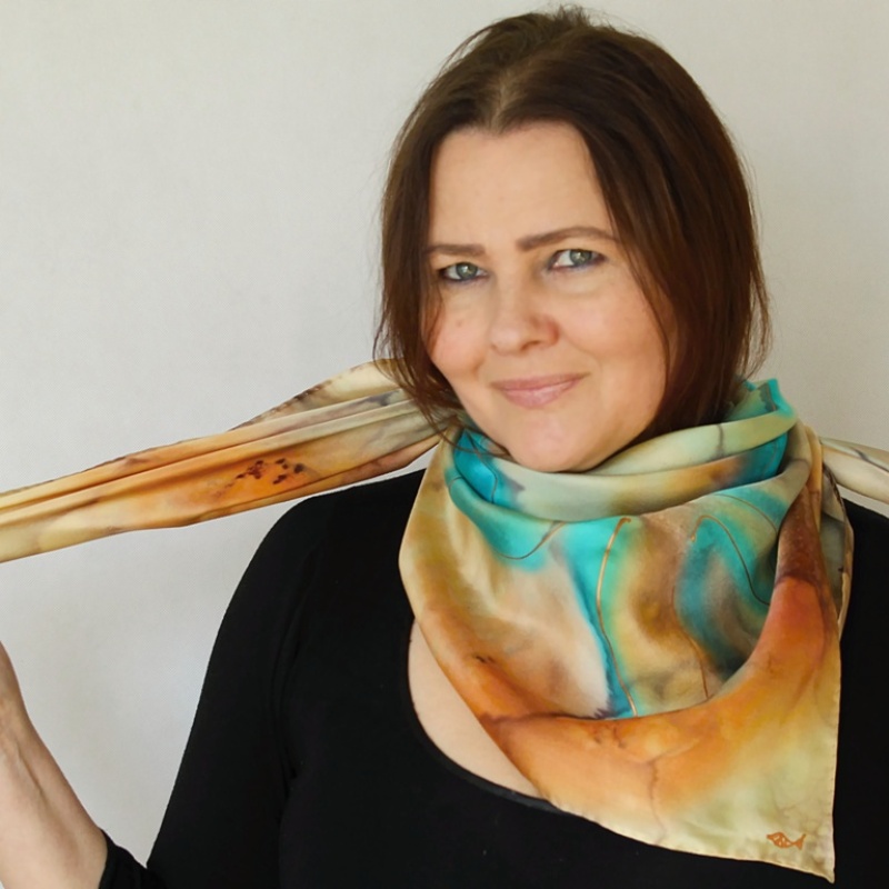 Hedvábný šátek - Béžovo tyrkysový twill