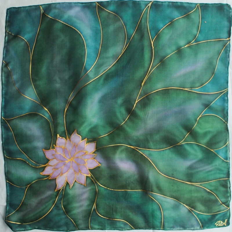 Hedvábný šátek - Zelenofialový kvítek