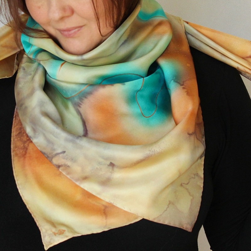 Hedvábný šátek - Béžovo tyrkysový twill