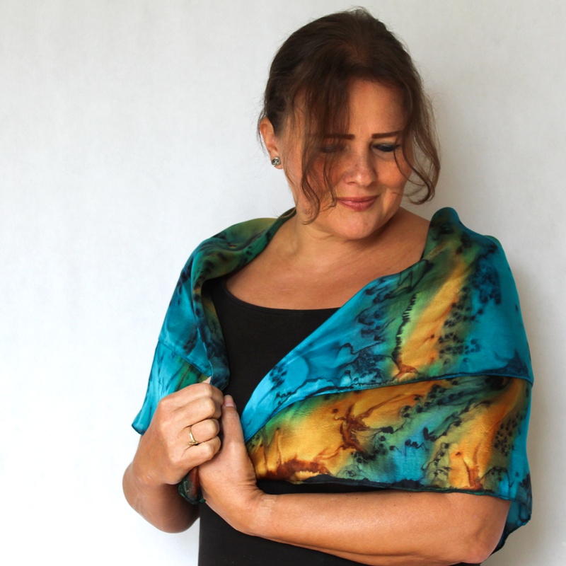 Hedvábný šátek - Medovo tyrkysový