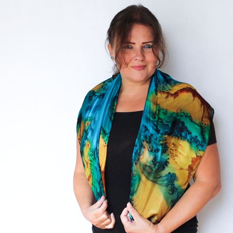 Hedvábný šátek - Tyrkysovo medový