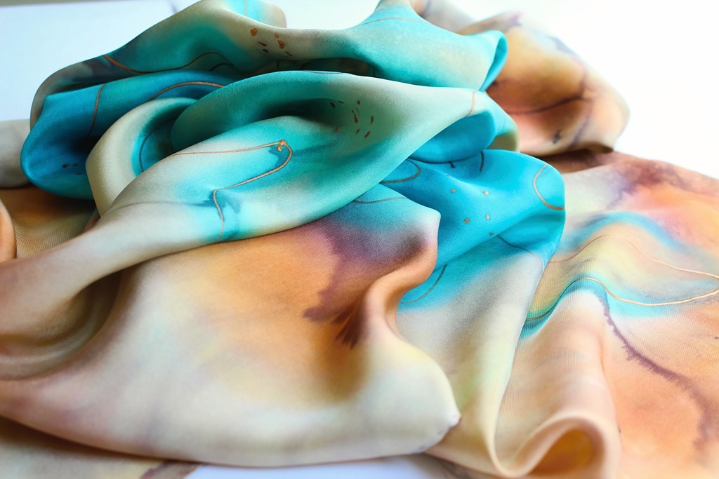 Hedvábný šátek - Béžovo tyrkysový twill