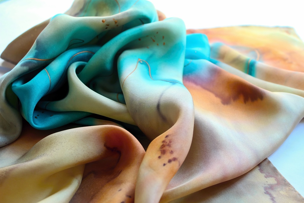 Hedvábný šátek - Béžovo tyrkysový twill